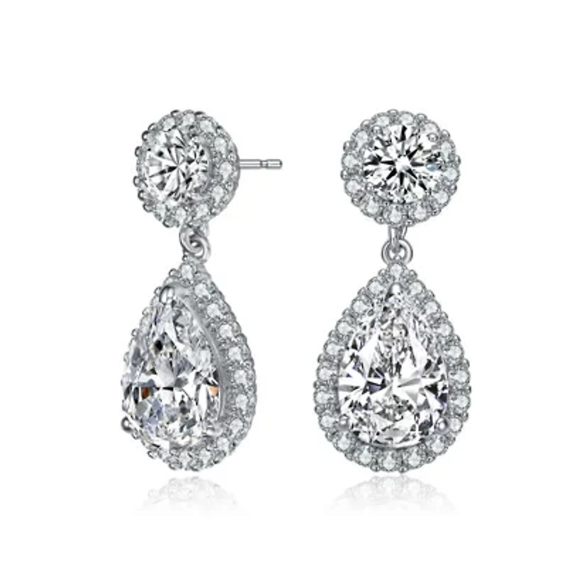 Lab Created Sterling Silver White Gold Plated with Clear Pear & Round Cubic Zirconia Halo Drop Earrings