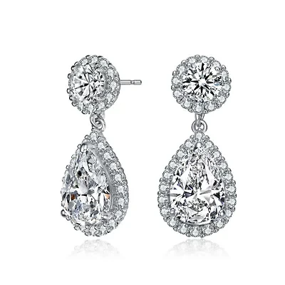 Lab Created Sterling Silver White Gold Plated with Clear Pear & Round Cubic Zirconia Halo Drop Earrings