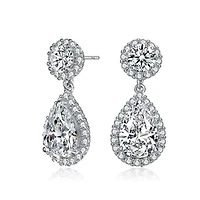 Lab Created Sterling Silver White Gold Plated with Clear Pear & Round Cubic Zirconia Halo Drop Earrings