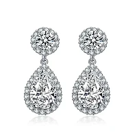 Lab Created Sterling Silver White Gold Plated with Clear Pear & Round Cubic Zirconia Halo Drop Earrings