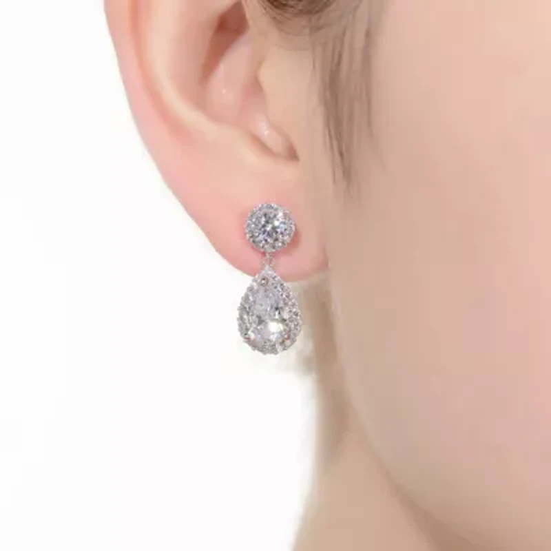 Lab Created Sterling Silver White Gold Plated with Clear Pear & Round Cubic Zirconia Halo Drop Earrings