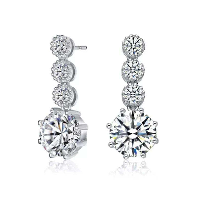 Lab Created Sterling Silver White Gold Plated with Clear Round Cubic Zirconia Tier Drop Earrings