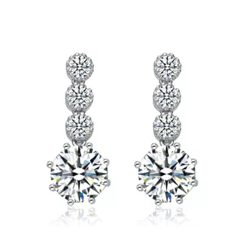 Lab Created Sterling Silver White Gold Plated with Clear Round Cubic Zirconia Tier Drop Earrings