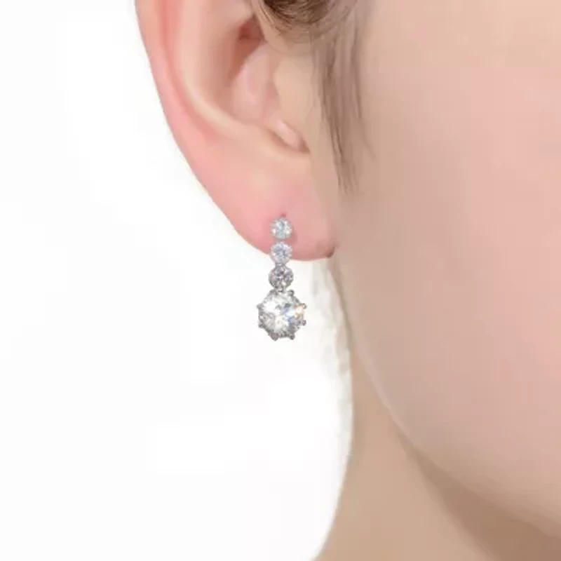 Lab Created Sterling Silver White Gold Plated with Clear Round Cubic Zirconia Tier Drop Earrings