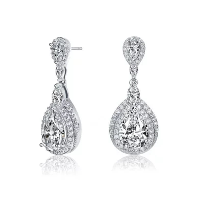 Lab Created Sterling Silver White Gold Plated with Clear Cubic Zirconia Double Halo Dangle Earrings
