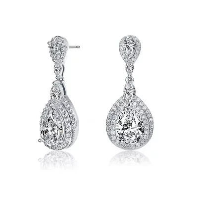 Lab Created Sterling Silver White Gold Plated with Clear Cubic Zirconia Double Halo Dangle Earrings
