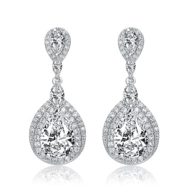 Lab Created Sterling Silver White Gold Plated with Clear Cubic Zirconia Double Halo Dangle Earrings