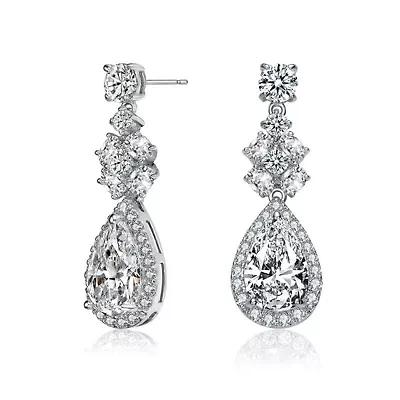 Lab Created Sterling Silver White Gold Plated with Clear Cubic Zirconia Drop Earrings