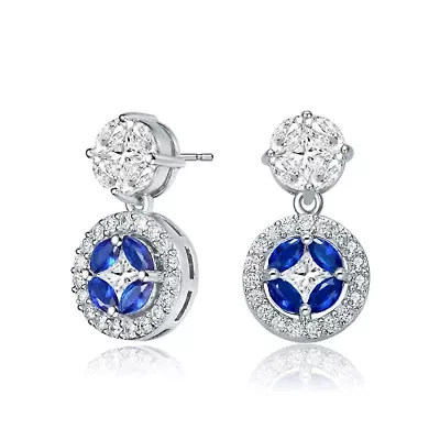 Lab Created Sterling Silver White Gold Plated with Blue & Clear Cubic Zirconia Accent Drop Earrings