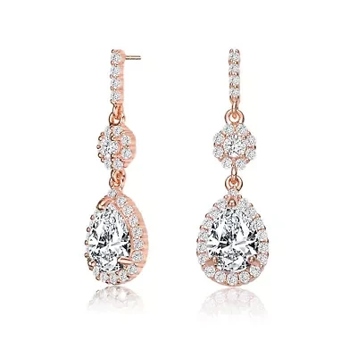 Lab Created Sterling Silver 18K Rose Gold Plated with Clear Pear & Round Cubic Zirconia Accent Drop Earrings