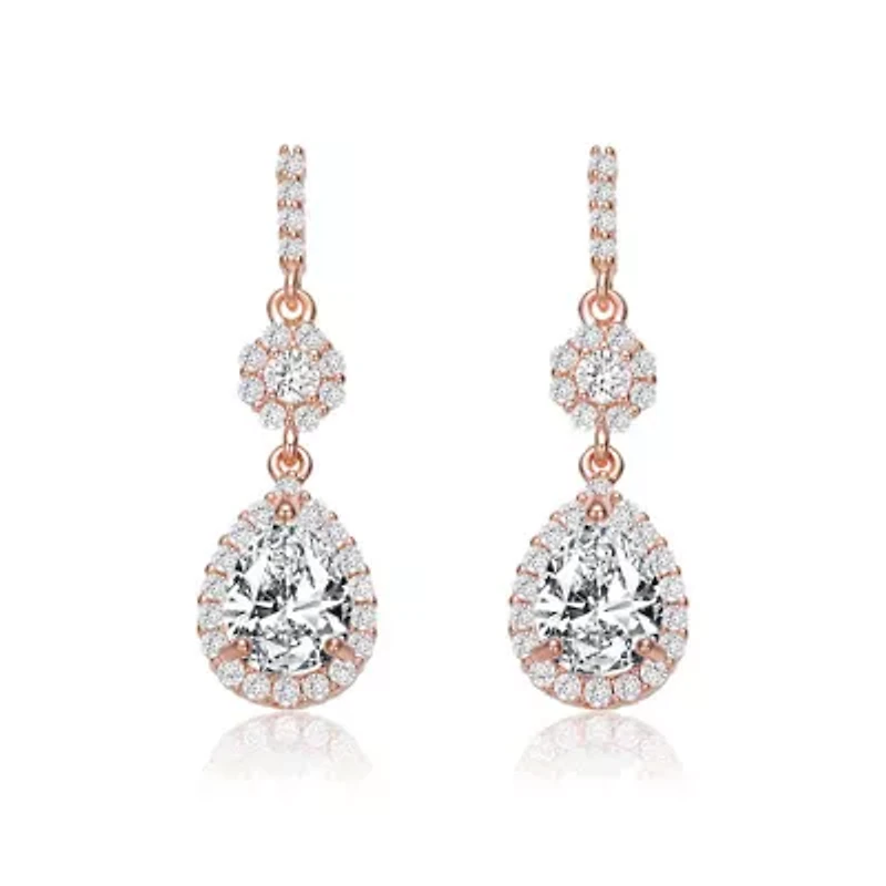 Lab Created Sterling Silver 18K Rose Gold Plated with Clear Pear & Round Cubic Zirconia Accent Drop Earrings