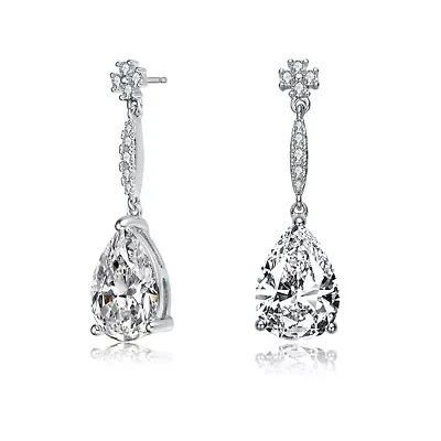 Lab Created Sterling Silver White Gold Plated with Clear Pear Cubic Zirconia Drop Earrings