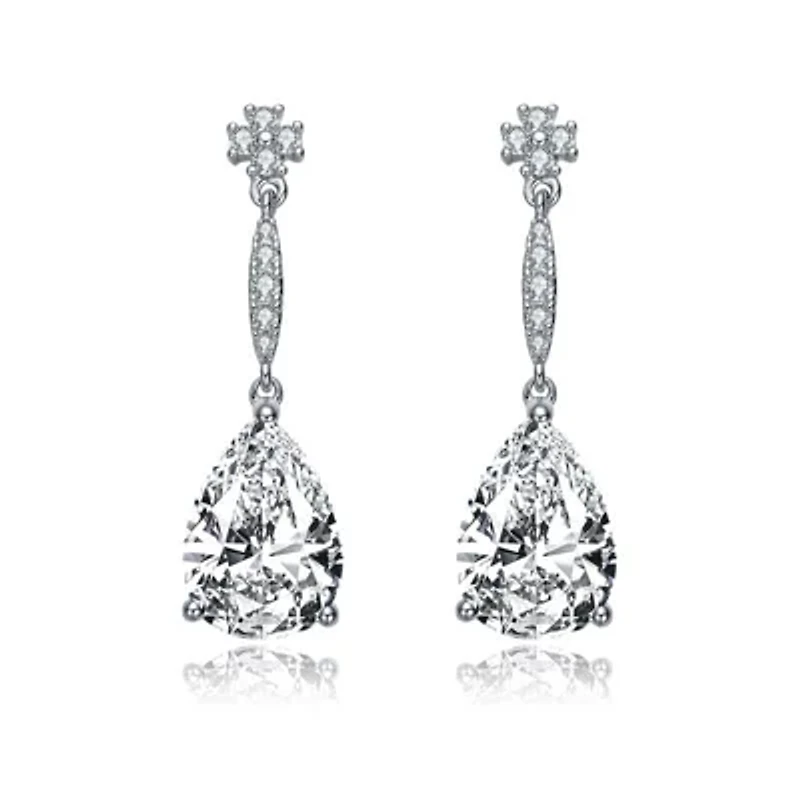 Lab Created Sterling Silver White Gold Plated with Clear Pear Cubic Zirconia Drop Earrings