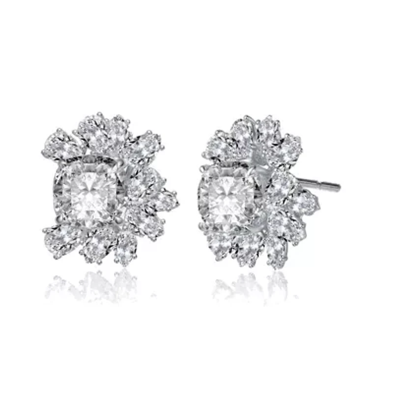 Lab Created Sterling Silver 14K Gold Plated with Clear Cubic Zirconia Flower Cluster Stud Earrings