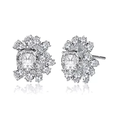 Lab Created Sterling Silver 14K Gold Plated with Clear Cubic Zirconia Flower Cluster Stud Earrings
