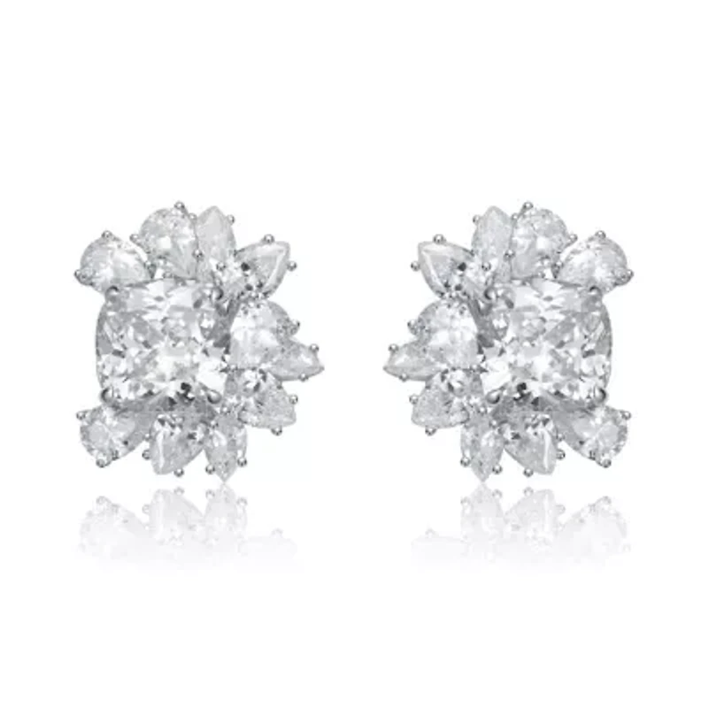 Lab Created Sterling Silver 14K Gold Plated with Clear Cubic Zirconia Flower Cluster Stud Earrings