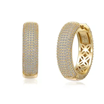 Lab Created Sterling Silver 14K Gold Plated with Clear Cubic Zirconia Pave Hoop Earrings