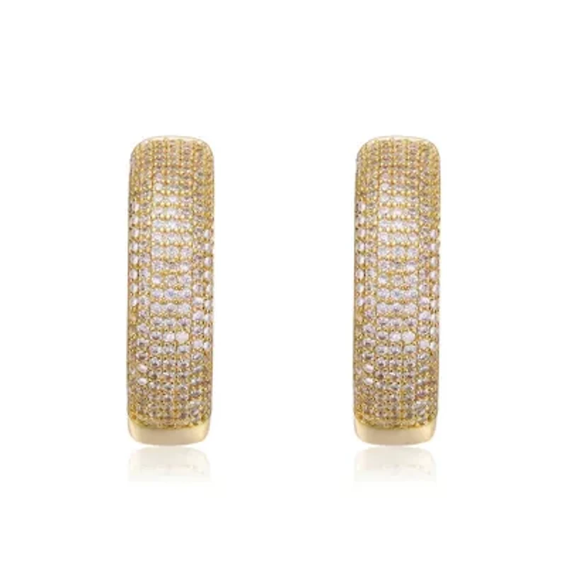 Lab Created Sterling Silver 14K Gold Plated with Clear Cubic Zirconia Pave Hoop Earrings