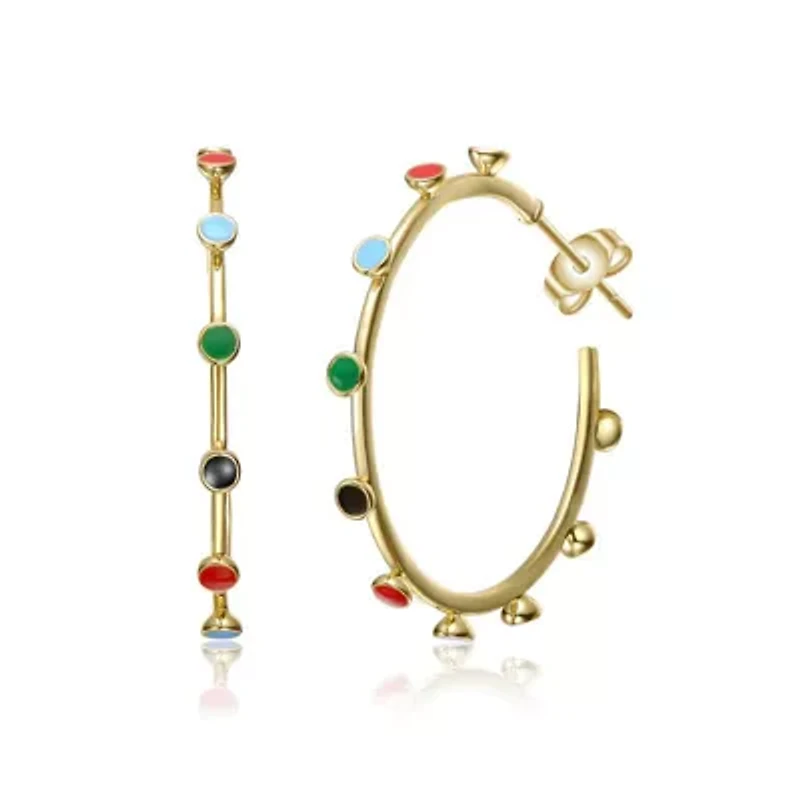 Lab Created Sterling Silver 14K Gold Plated with Multi-Color Enamel C-Hoop Earrings
