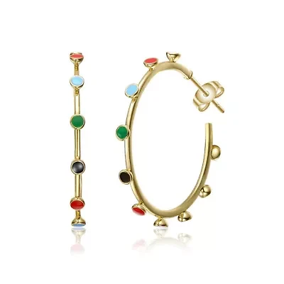 Lab Created Sterling Silver 14K Gold Plated with Multi-Color Enamel C-Hoop Earrings