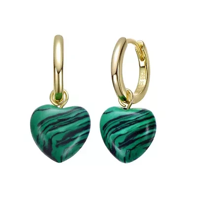 Lab Created Sterling Silver 14K Gold Plated with Simulated Malachite Puffed Heart Dangle Earrings