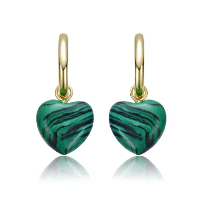 Lab Created Sterling Silver 14K Gold Plated with Simulated Malachite Puffed Heart Dangle Earrings