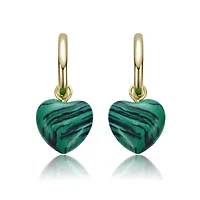 Lab Created Sterling Silver 14K Gold Plated with Simulated Malachite Puffed Heart Dangle Earrings