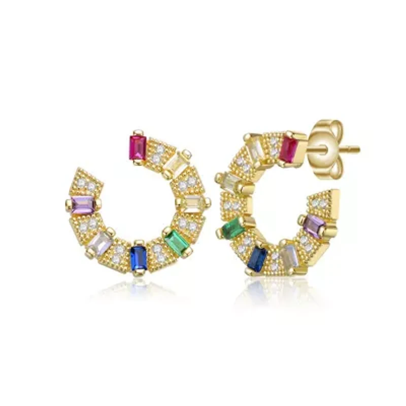 Lab Created Sterling Silver 14K Gold Plated with Rainbow Cubic Zirconia Front-Facing C-Hoop Earrings