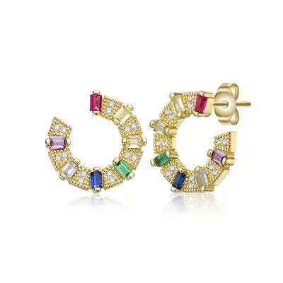 Lab Created Sterling Silver 14K Gold Plated with Rainbow Cubic Zirconia Front-Facing C-Hoop Earrings