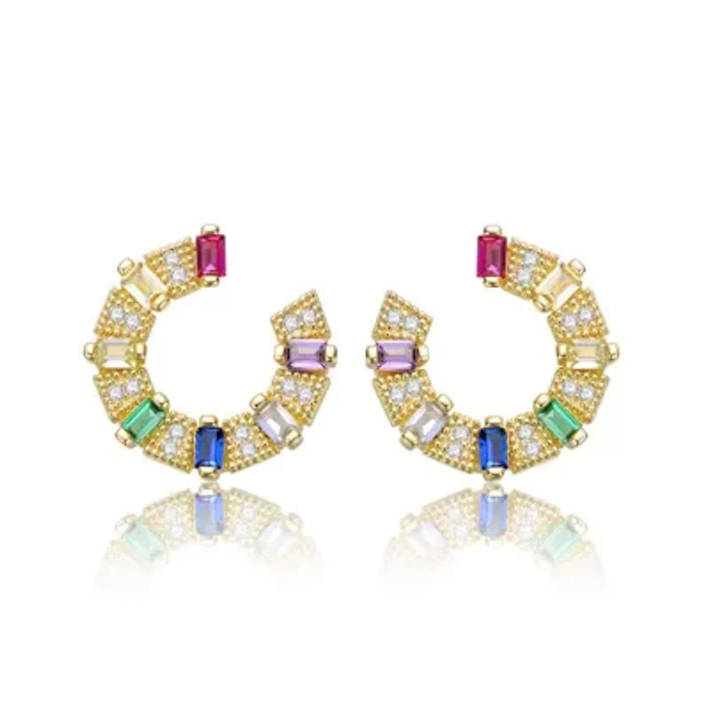 Lab Created Sterling Silver 14K Gold Plated with Rainbow Cubic Zirconia Front-Facing C-Hoop Earrings