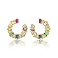 Lab Created Sterling Silver 14K Gold Plated with Rainbow Cubic Zirconia Front-Facing C-Hoop Earrings