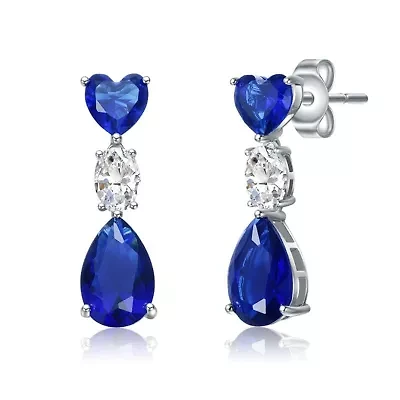 Lab Created Sterling Silver White Gold Plated with Blue & White Cubic Zirconia Three-Stone Linear Dangle Earrings