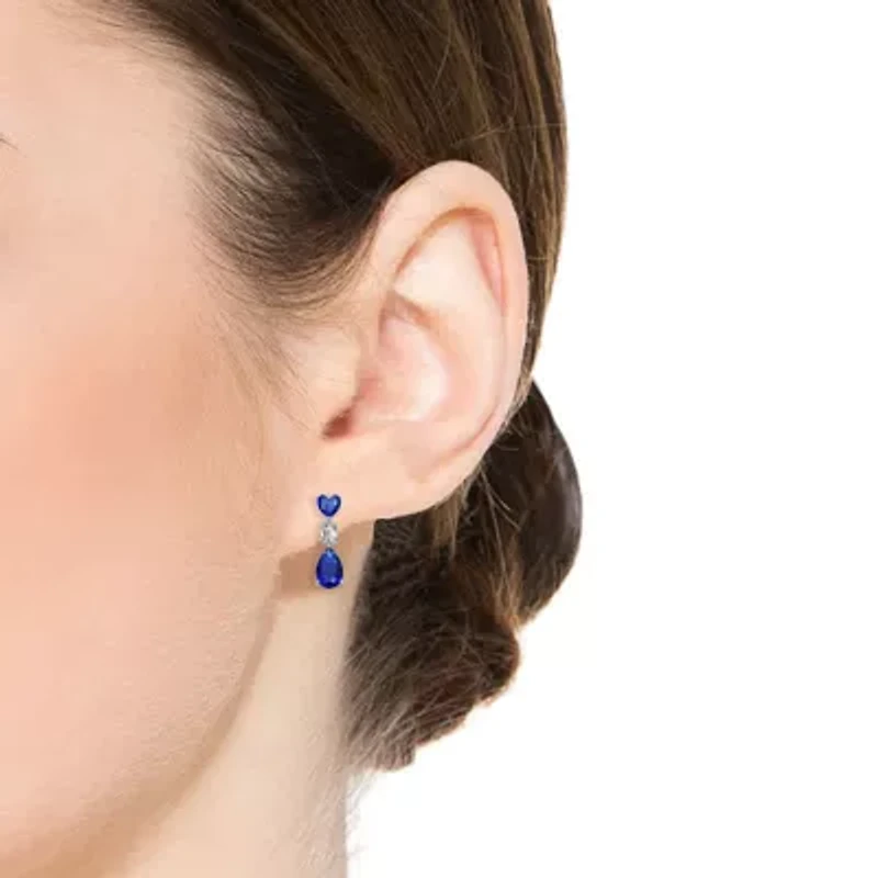 Lab Created Sterling Silver White Gold Plated with Blue & White Cubic Zirconia Three-Stone Linear Dangle Earrings