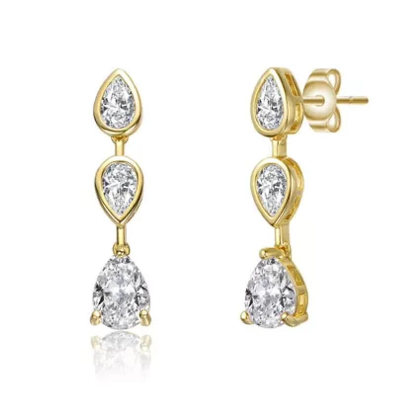 Lab Created Sterling Silver 14K Gold Plated with Clear Cubic Zirconia Three-Stone Pear Drop Earrings