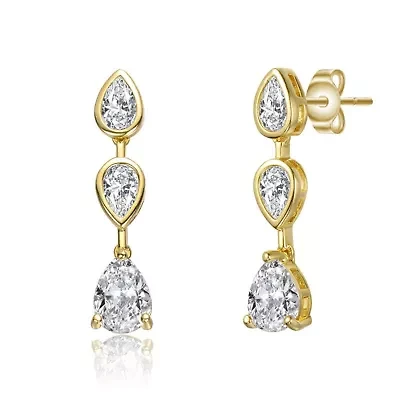 Lab Created Sterling Silver 14K Gold Plated with Clear Cubic Zirconia Three-Stone Pear Drop Earrings