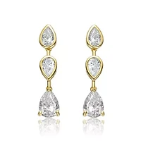 Lab Created Sterling Silver 14K Gold Plated with Clear Cubic Zirconia Three-Stone Pear Drop Earrings