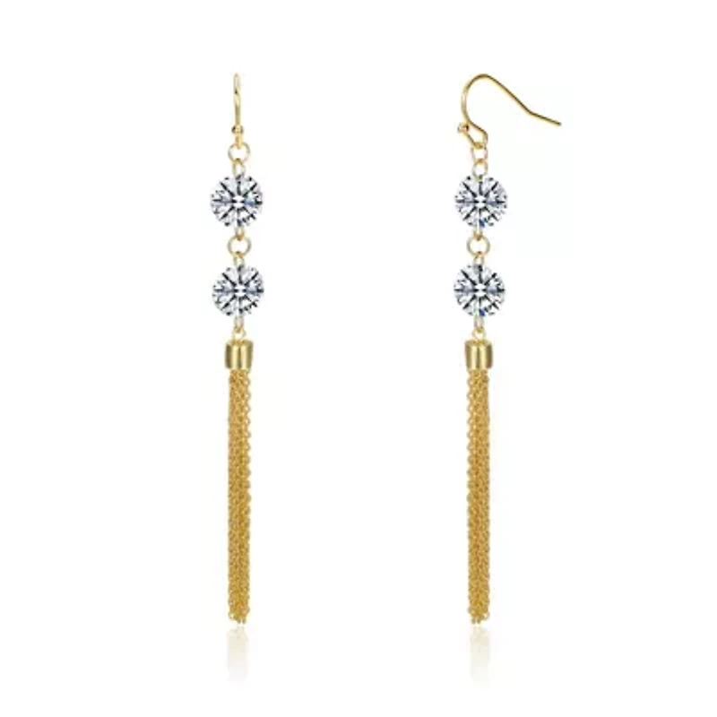 Lab Created Sterling Silver 14K Gold Plated with Clear Cubic Zirconia Chain Fringe Dangle Earrings