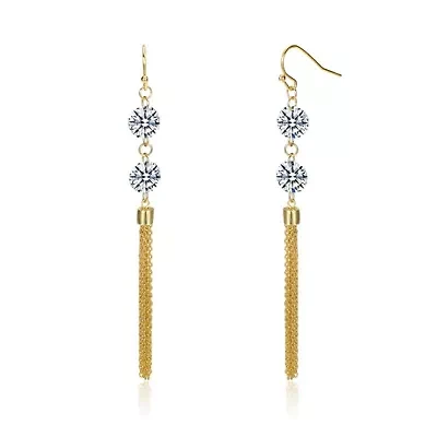 Lab Created Sterling Silver 14K Gold Plated with Clear Cubic Zirconia Chain Fringe Dangle Earrings
