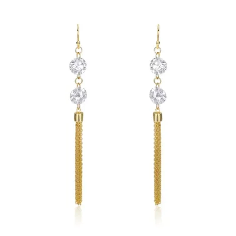 Lab Created Sterling Silver 14K Gold Plated with Clear Cubic Zirconia Chain Fringe Dangle Earrings
