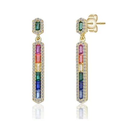 Lab Created Sterling Silver 14K Gold Plated with Multi-Colored Cubic Zirconia Linear Dangle Earrings