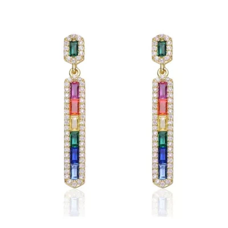Lab Created Sterling Silver 14K Gold Plated with Multi-Colored Cubic Zirconia Linear Dangle Earrings