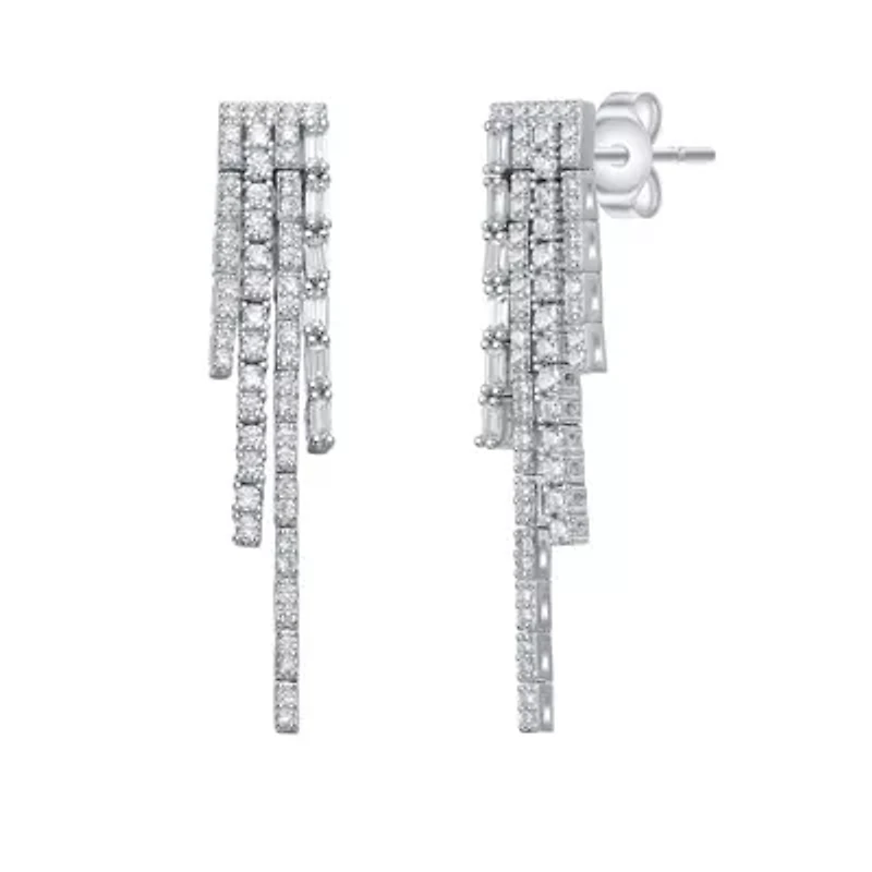 Lab Created Sterling Silver White Gold Plated with Clear Cubic Zirconia Graduated Fringe Dangle Earrings