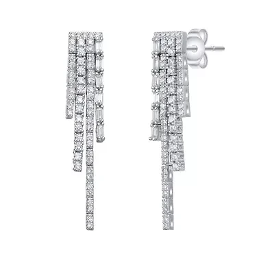 Lab Created Sterling Silver White Gold Plated with Clear Cubic Zirconia Graduated Fringe Dangle Earrings
