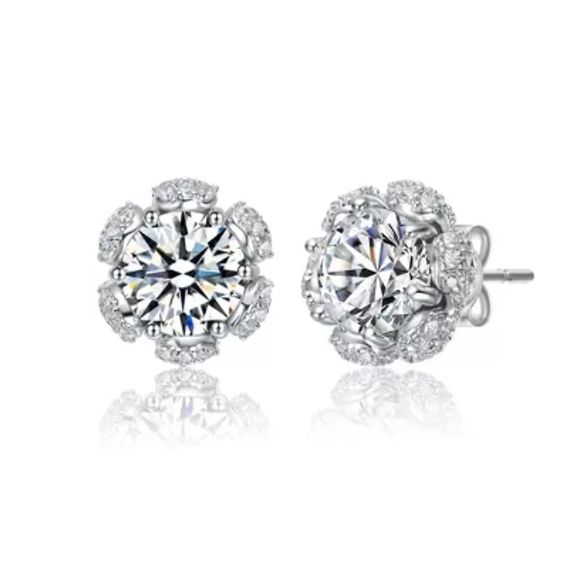 Lab Created Sterling Silver White Gold Plated with Clear Cubic Zirconia Flower Halo Stud Earrings