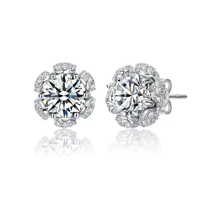 Lab Created Sterling Silver White Gold Plated with Clear Cubic Zirconia Flower Halo Stud Earrings