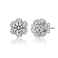 Lab Created Sterling Silver White Gold Plated with Clear Cubic Zirconia Flower Halo Stud Earrings