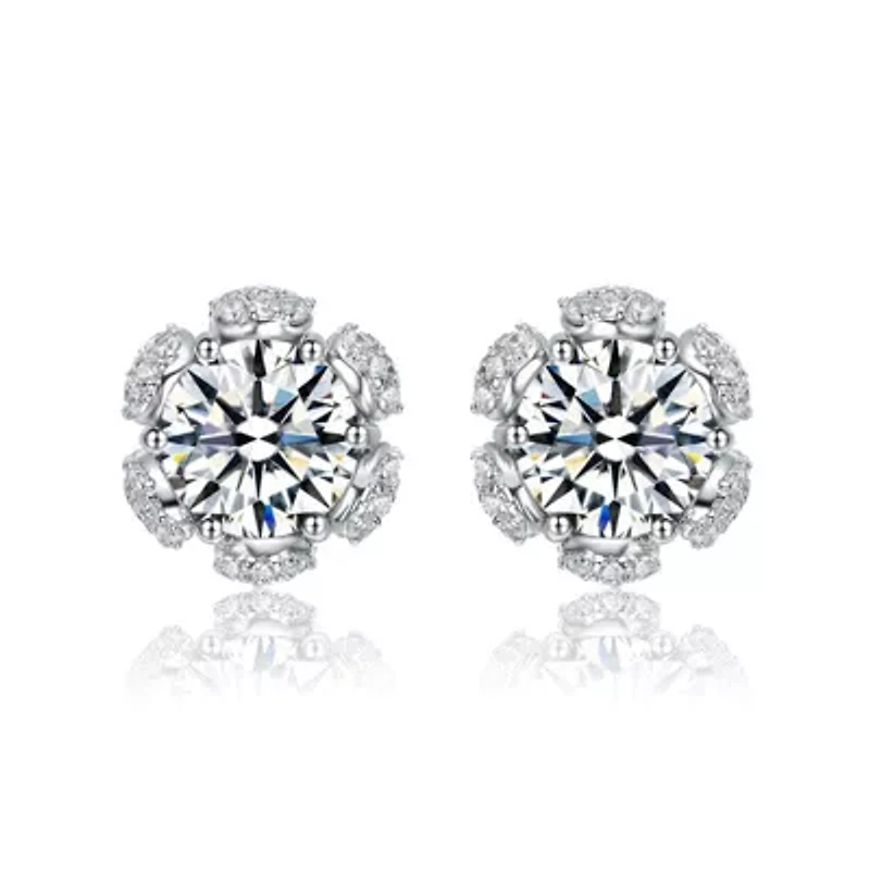 Lab Created Sterling Silver White Gold Plated with Clear Cubic Zirconia Flower Halo Stud Earrings