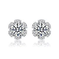 Lab Created Sterling Silver White Gold Plated with Clear Cubic Zirconia Flower Halo Stud Earrings