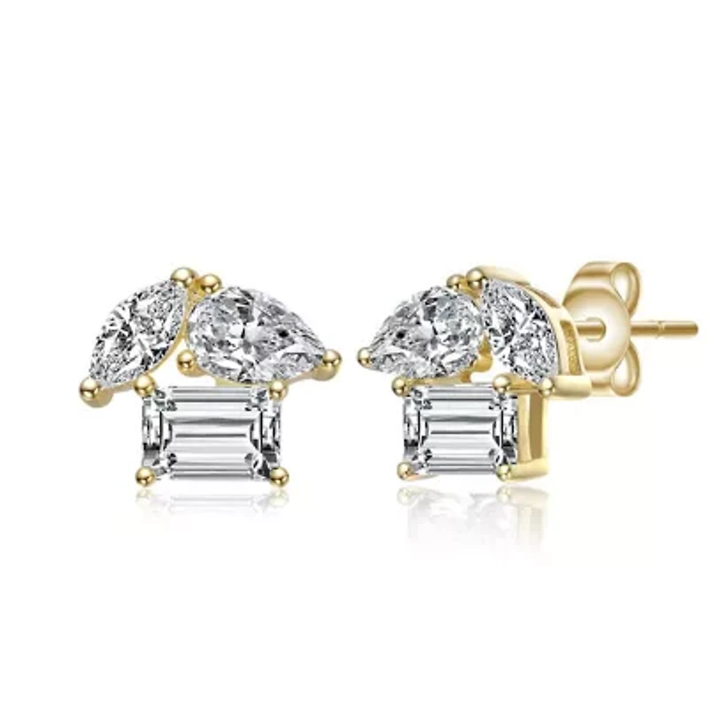 Lab Created Sterling Silver 14K Gold Plated with Clear Marquise & Emerald Cut Triple Stone Stud Earrings