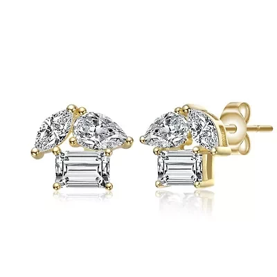 Lab Created Sterling Silver 14K Gold Plated with Clear Marquise & Emerald Cut Triple Stone Stud Earrings